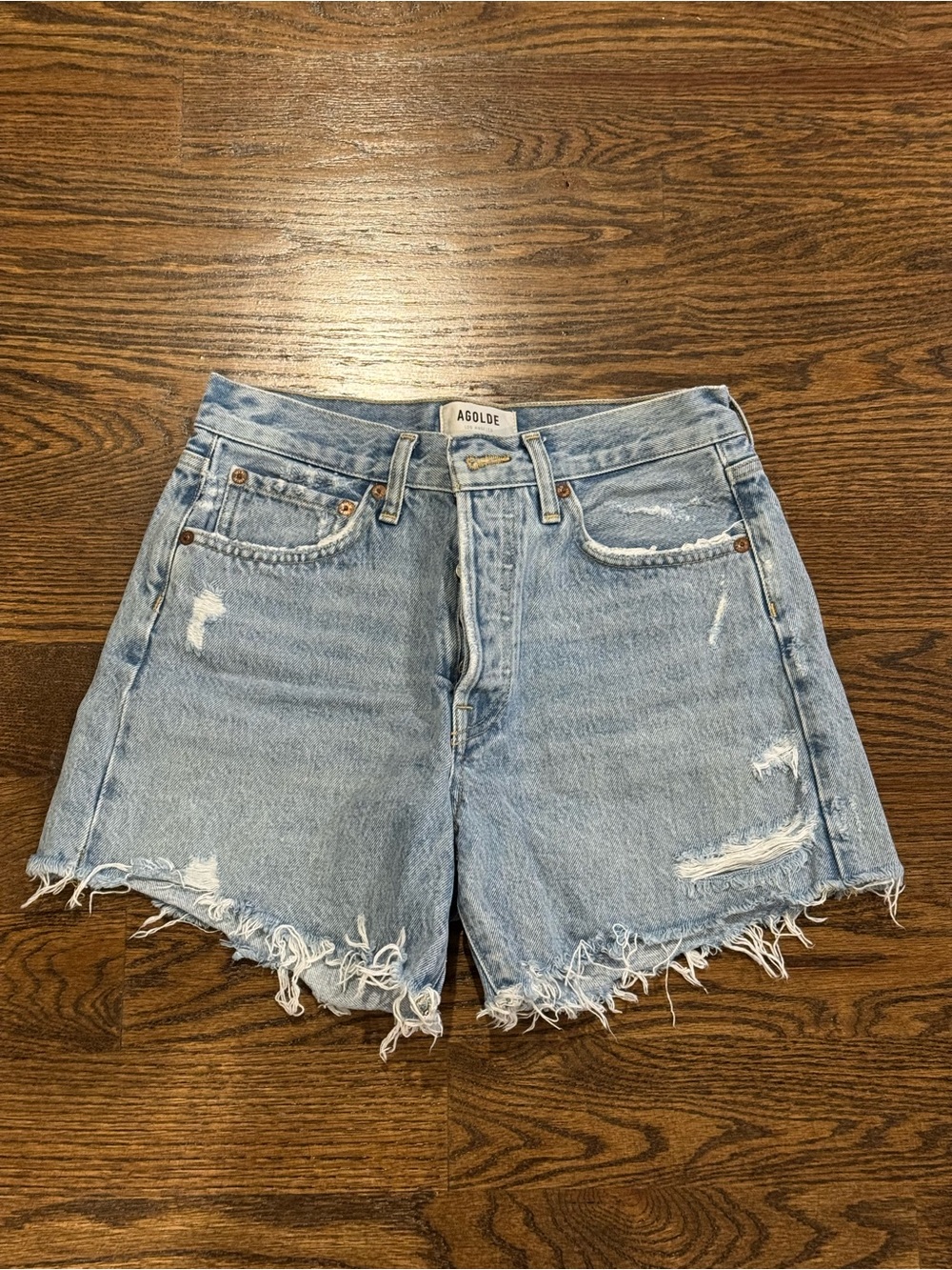 Agolde Light Wash Frayed Hem High-Rise Denim Shorts